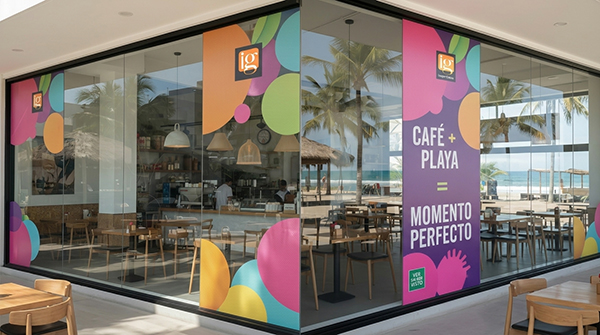 Instalación de vinil microperforado de Imagen Gráfika en los ventanales de un restaurante frente a la playa en Acapulco, mostrando diseño publicitario colorido.