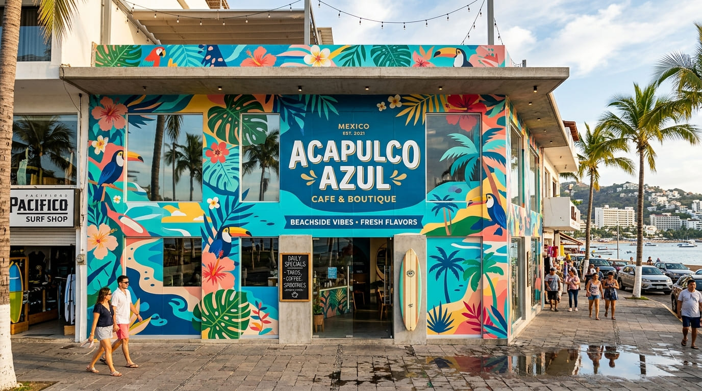 Rotulación de fachada comercial con vinil impreso en Acapulco