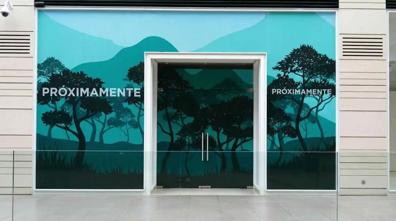 Fachada comercial de cristal rotulada con vinil microperforado bajo luz solar